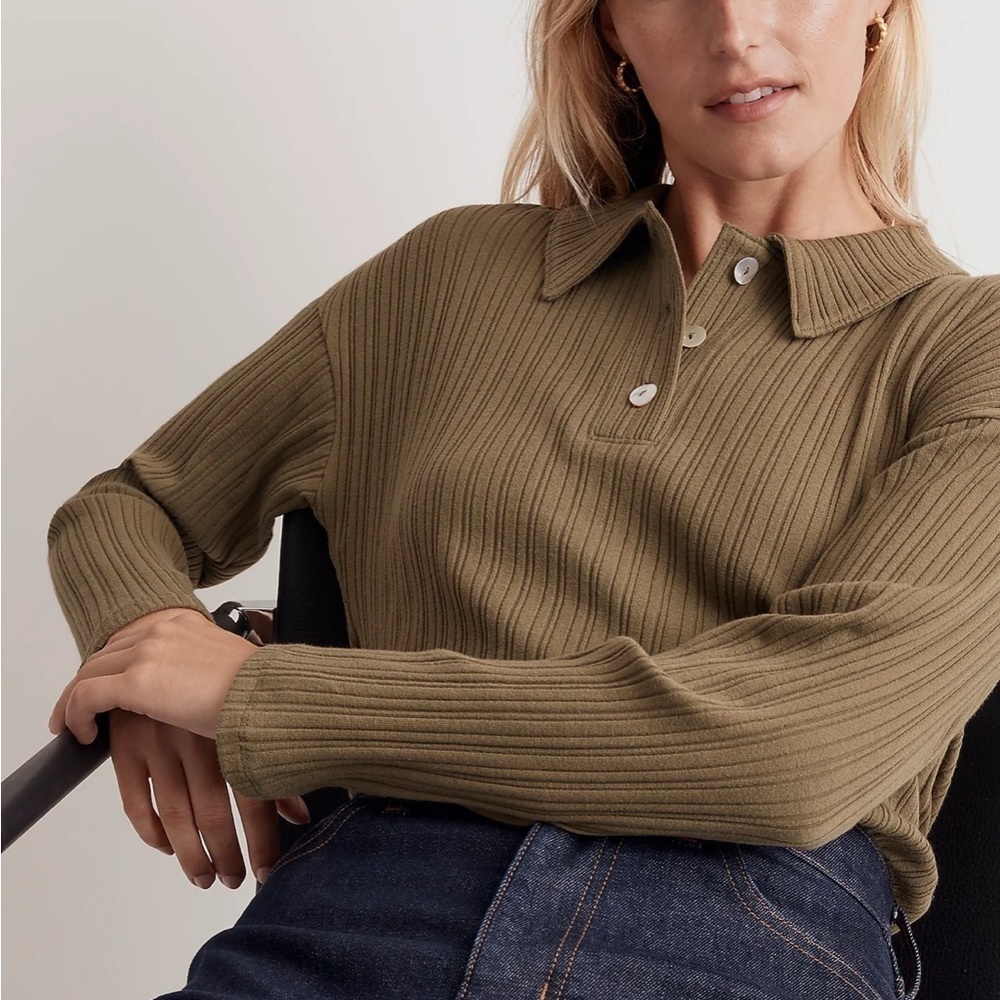 Madewell Variegated Rib Boxy Polo Shirt desert olive green - Picture 3 of 9